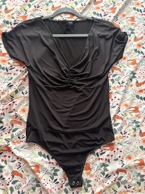 Express Black Ruched V-Neck Bodysuit